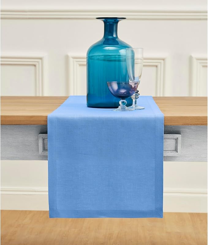 Solino Home Linen Table Runner 72 Inches Long - 100% Pure Linen Provence Blue Dining Table Runner 14 x 72 Inch - Fete - Christmas, Winter, New Year