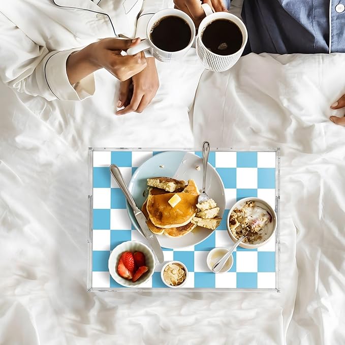 Serving Tray with Handles Clear Acrylic Tray 12x16 Inch Decorative Rectangular Tray Organizer for Ottoman Coffee Table Bathroom Checkered Blue and White