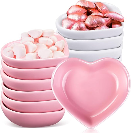 Hushee 12 Pcs Valentine's Day Heart Shaped Bowl Ceramic Candy Dish Multipurpose Salad Appetizer Dipping Sauce Heart Plates for Anniversary Wedding Party(Solid,Pink, White)