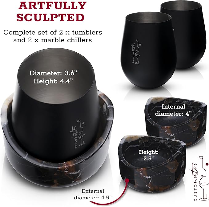 Gusto Nostro Marble Wine Chiller for Glass and Stainless Steel Tumbler Set of 2 - Wine Glass Chiller Holder for Freezer - Cool Set of Two Chillers & Stemless Wine Metal Tumblers for Home, Bar (Black)