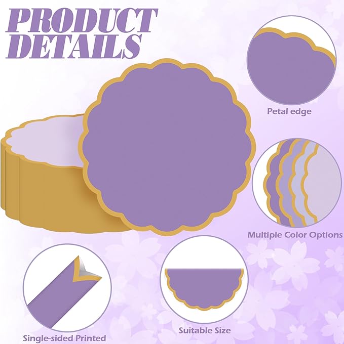 100 Pcs Purple Paper Placemats 13.5 Inch Disposable Scalloped Colorful Pastel Round Table Place Mats with Gold Edges, Decorative Colors Mats for Birthday Wedding Bridal Shower Banquet Tea Party