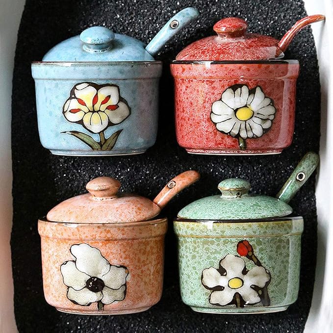 VanEnjoy Traditional China Retro Hand Painted Flower Ceramic Round Sugar Spice Containers Porcelain Jar with Spoon Round Condiment