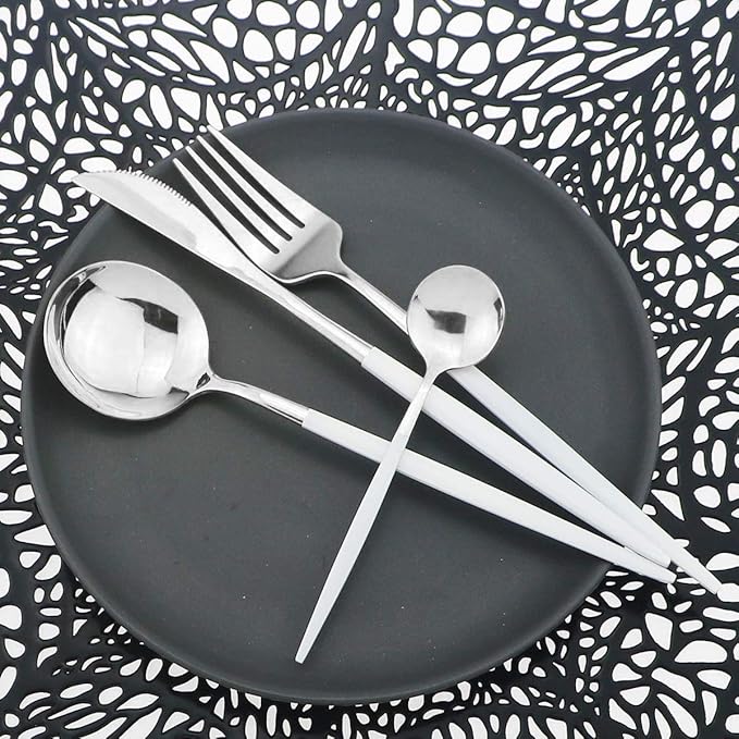 Silverware Set, 24-Piece Stainless Steel Shiny Flatware, Tableware Cutlery for Home and Restaurant, Dishwasher Safe, White Handle Silver