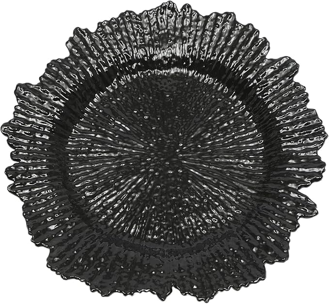 24 PCS Charger Plates Bulk, 13 Inch Floral Reef Plastic Charger Dinner Plates Round Service Plates Decorative Chargers Bulk for Table Setting Wedding Party Event(Black)