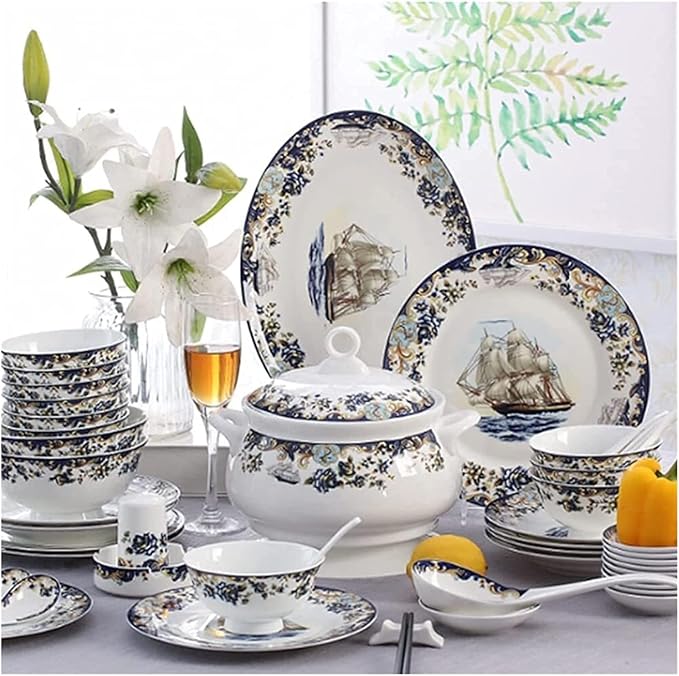 Dinnerware Sets Dish Set,58 Pcss,Bone China Porcelain Tableware Set with Plates Bowls and Dish,Sailboat Pattern Ceramic Dinner Set