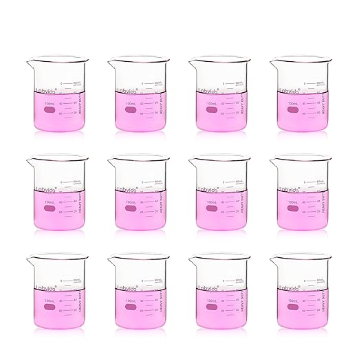 12pcs 100ml Upgrated Thick Glass Beakers, Griffin Low Form Beaker Set with Double Scale, 3.3 Boro, LVA005