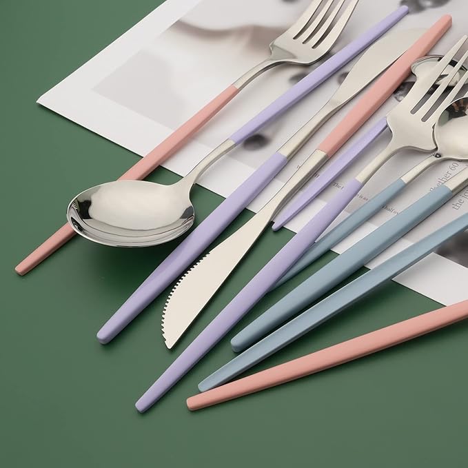 Silverware Set, 24 Pcs Stainless Steel Flatware Cutlery Set, Knives Forks and Spoons Set with Colored Handles, Rust-proof Serving Utensils, Mirror Polished, Service for 6 (Silver+Pink)