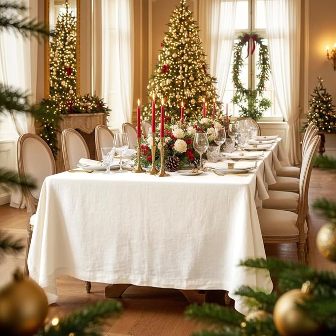 D'Moksha Homes Ivory Linen Tablecloth 60 x 144 Inch - 100% Pure Linen Table Cloth for Rectangle Tables - Machine Washable Tablecloth for Winter, Christmas, Holiday, New Year