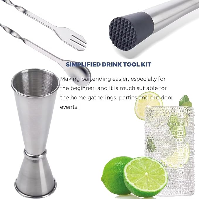 Homestia 3Pcs Black Muddler & Mixing Tools Set, 10'' Muddler, 12'' Cocktail Spoon and Double Jigger, Bar Tool Set for Beverages, Bar Accessories Tools for Mojitos Fruit Drinks (Black)