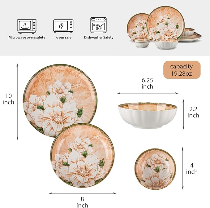Plates and Bowls Sets for 2, 8-Piece Dinnerware Set Ceramic, Dish Sets for 2 with Camellia Floral Pattern, Microwave & Dishwasher Safe for Everyday Use & Gift Giving