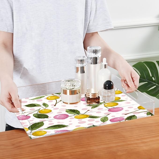 Serving Tray with Handles Clear Acrylic Tray 12x16 Inch Decorative Rectangular Tray Organizer for Ottoman Coffee Table Bathroom Cute Cherry Pink Dots