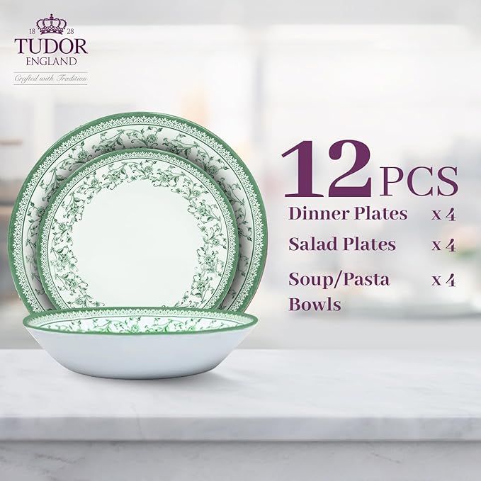 Tudor Royal 12-Piece Round Porcelain Dinnerware Set, Service for 4 - Aster Green Design, Multicolor Floral, Plates Bowls Mugs Dishes, Premium Quality Tableware, Unique Pattern, Glossy