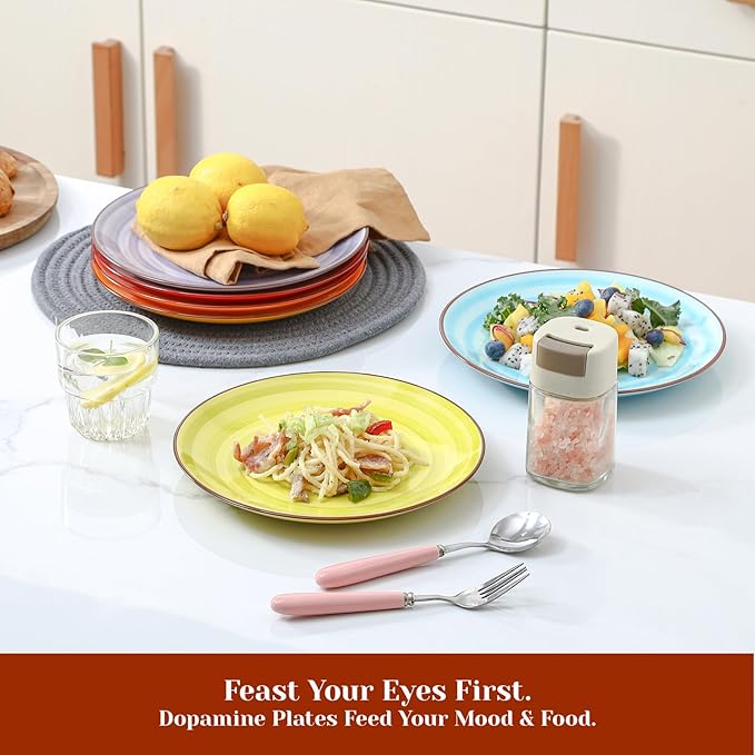 KitchenTour Ceramic Dinner Plates,10 Inch Colorful Salad Plates Set of 6, Serving Plates for Dessert, Pasta, Steak, Dishwasher and Microwave Safe