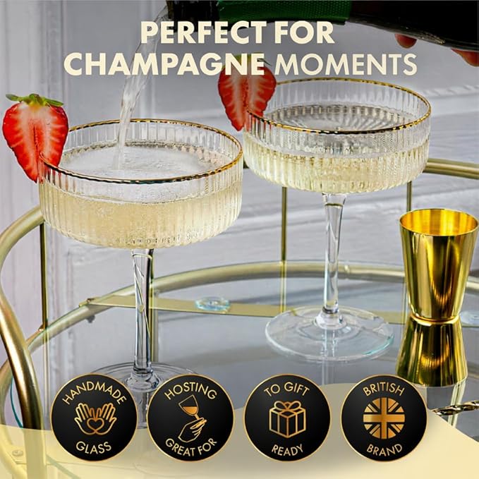 VEMACITY - Ribbed Espresso Martini Glasses Set of 4 with Gold Rims - Vintage Cocktail Glasses for Margaritas, Champagne and More - Includes Jigger & Bar Spoon | Ideal for Martinis and Cocktails