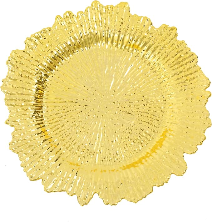 24 PCS Charger Plates Bulk, 13 Inch Floral Reef Plastic Charger Dinner Plates Round Service Plates Decorative Chargers Bulk for Table Setting Wedding Party Event(Gold)