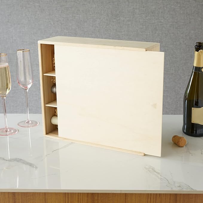 Twine Paulownia Wood Wine Box with Sliding Lid, Fits 3 Standard Wines or Champagne Bottles, Festive Wine Gift Box with Packing Straw for Holidays, Celebrations, Parties, Housewarming Gifts