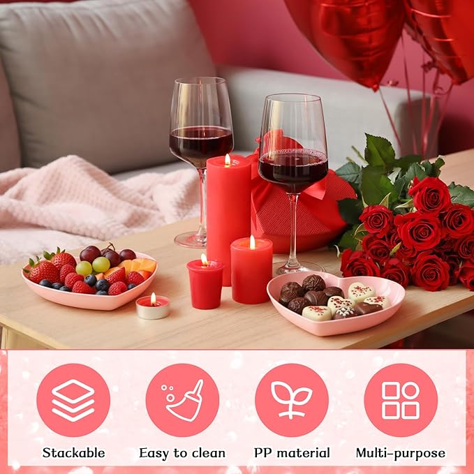 10-Pack 9.8 Inch Valentine's Day Candy Dish Heart Shaped Candy Bowl Plastic Dessert Plates Heart Shaped Dinner Bowl Party Serving Dishes for Salad, Cake, Snack, Waffles, Fruit, Appetizer(Pink)