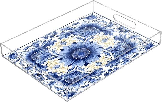 Serving Tray with Handles Clear Acrylic Tray 12x16 Inch Decorative Rectangular Tray Organizer for Ottoman Coffee Table Bathroom Sunflowers Blue and White