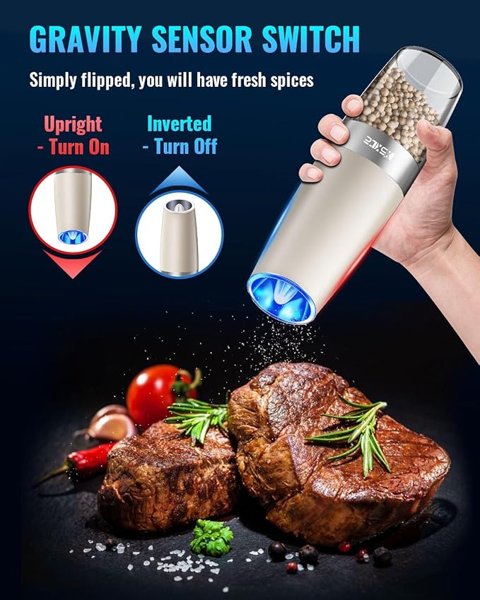 XinXu Gravity Electric Pepper and Salt Grinder Set, Adjustable Coarseness, with LED Light, One Hand Automatic Operation (Set/Khaki X)