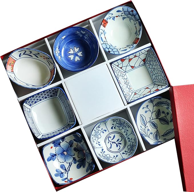 Appetizer Plates, Ceramic Sushi Dinnerware 8pc Set,Sushi Plates Soup Sauce Bowls,Dip Dish for Serving Dips, Dressings, Sauces, Appetizers-A