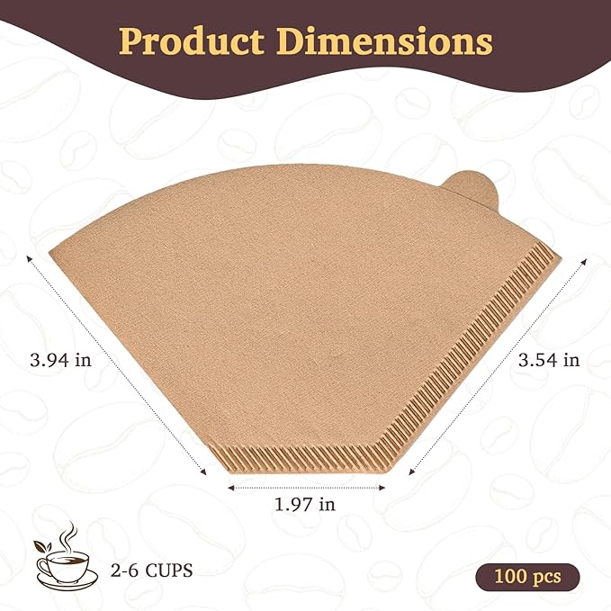 100 Count #2 Cone Coffee Filters, Unbleached Natural Paper, No Blowout & Tear-Resistant, Compostable, Fits 2-6 Cup Makers, Pour-Over & Ninja Brewers