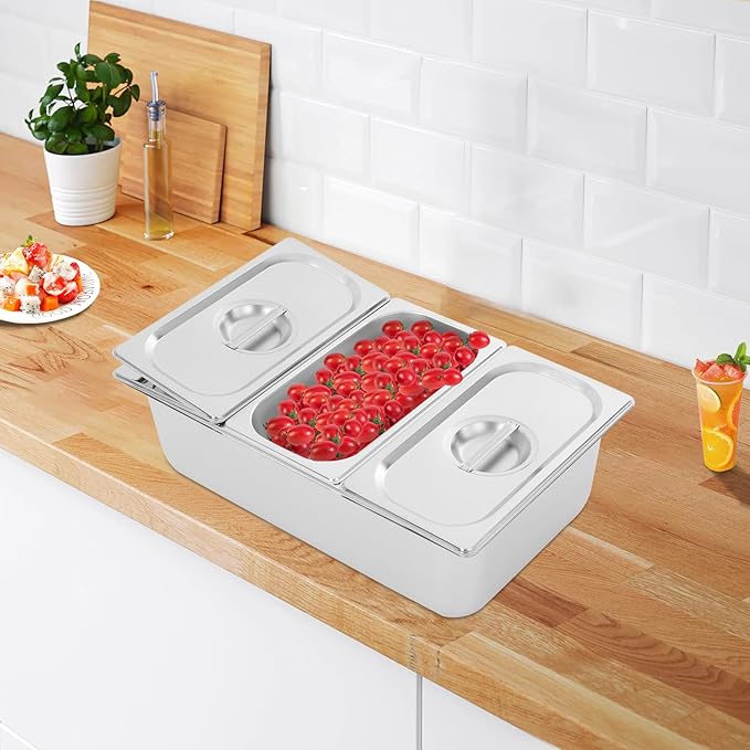 3 Pans Ice Food Serving Display Container, Stainless Steel Serving Tray Catering Supplies Buffet Display Condiment Dispenser Plate Case with Acrylic Replaceable Lids for Restaurant Hotel Kitchen