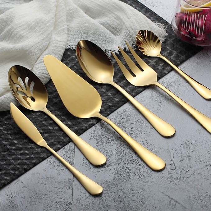 Berglander Stainless Steel Golden Titanium Plated Flatware Serving Set 6 Pieces, 5 Serving Pieces of 45 Pieces Flatware With 1 Cake Server, Serving Silverware Set (Shiny Golden)
