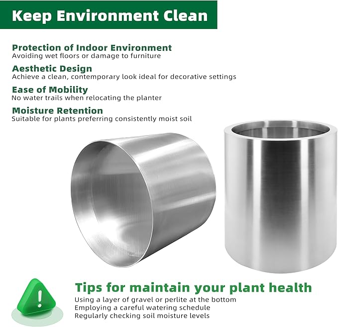 Longrun 11.8 Inch Dia Round Planter, Modern Indoor Outdoor Large Stainless Steel Plant Pot and Plant Caddy with Wheels for Home Patio Garden, Easy to Clean and Move