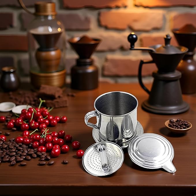 Silver Vietnamese Coffee Filter Stainless Steel Pot Drip Infuse Cup Brewing Teapot No Need Paper Drip Coffee Pot Machine Filter for Home Kitchen Office Outdoor ﻿