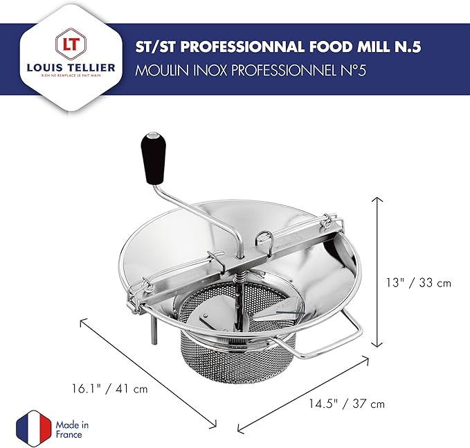 LOUIS TELLIER - Professional Stainless Steel Food Mill - Includes 3mm Disc - High Productivity (11 lbs/min) - Soups, Purees, Compotes, Coulis – Robust - 16.5 in x 15.7 in x 12.6 in - Made in France