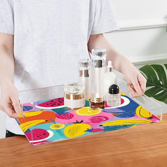 Serving Tray with Handles Clear Acrylic Tray 12x16 Inch Decorative Rectangular Tray Organizer for Ottoman Coffee Table Bathroom Colorful Watermelon Banana Strawberry Mango