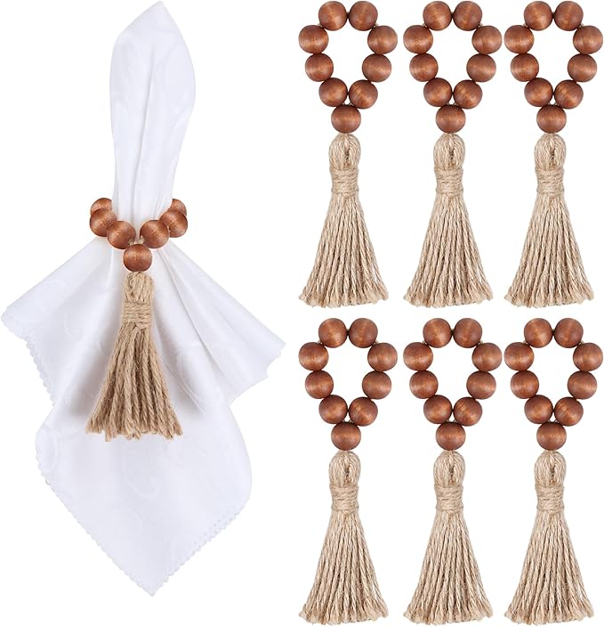 Meplait 6 Pieces Wooden Bead Napkin Rings, Farmhouse Stretchable Napkin Ring with Tassel Boho Napkin Rings for Dining Table,Wedding Decoration (Brown)