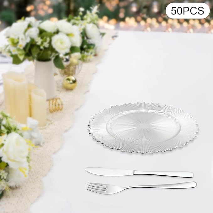 50 Pcs Antique Charger Plates Bulk 13 Inch Embossed Rim Plastic Party Dinner Plate Chargers Round Decorative Server Plate for Wedding Party Event Tableware (50pcs-silver)