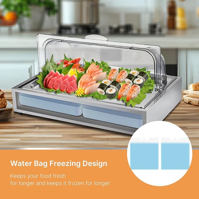 Ice Food Serving Display Tray, Cold Serving Plate with Clear Roll Top, 5QT Stainless Steel Food Serving Tray, Cooling Food Dishes Display Plate for Home, Buffet, Restaurant, Party