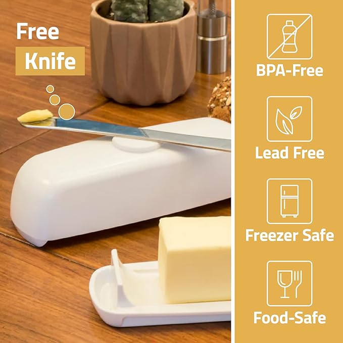 Butter Hub Butter Dish with Lid and Knife, Magnetic Butter Keeper, Easy Scoop, No Mess Lid, Plastic, Dishwasher Safe (Clear)