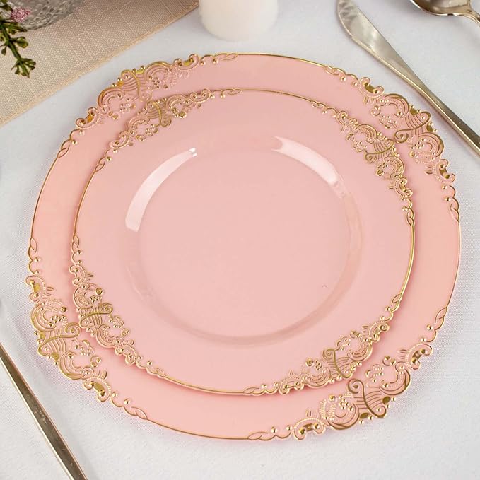 8" Salad Plates -Set of 10 - Plastic Rose Gold Round Baroque Disposable Chargers Leaf Embossed Rim, Ideal for Dinner Party Wedding Bulk Events