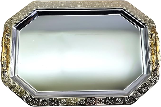 (Pack of 2) 20.8 inch x 14.4 inch Octagonal Chrome Plated Silver Serving Tray with Handles Mirror Iron Gold Edge Floor Pattern Engraved Party Buffet Wine Platter Plate TTL-016