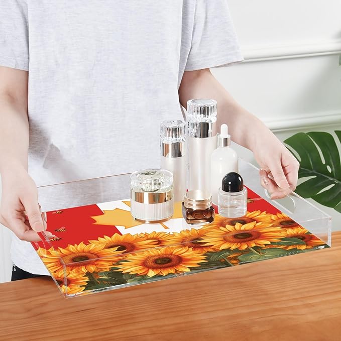 Serving Tray with Handles Clear Acrylic Tray 12x16 Inch Decorative Rectangular Tray Organizer for Ottoman Coffee Table Bathroom Sunflowers and Bees Canada Flag