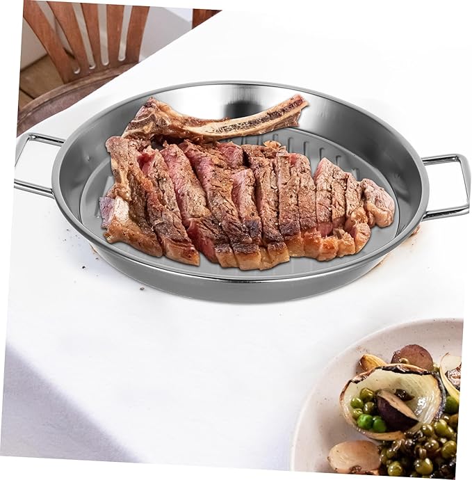 Mobestech Silver Stainless Steel Round Serving Tray Versatile Bbq Platter for Seafood Steak Snacks Easy to Clean Stackable Design for Home Outdoor Use