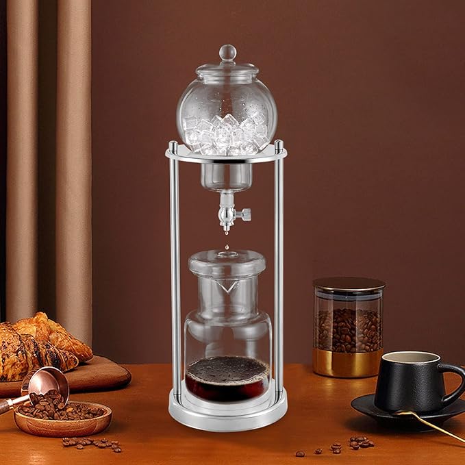Metal Cold Brew Drip Tower, Ice Cold Drip Tower 600ml Capacity, Iced Coffee Cold Brew Drip Tower, Ice Coffee Maker for Home, Coffee Shops, Offices 6-8 Cups (Silver)