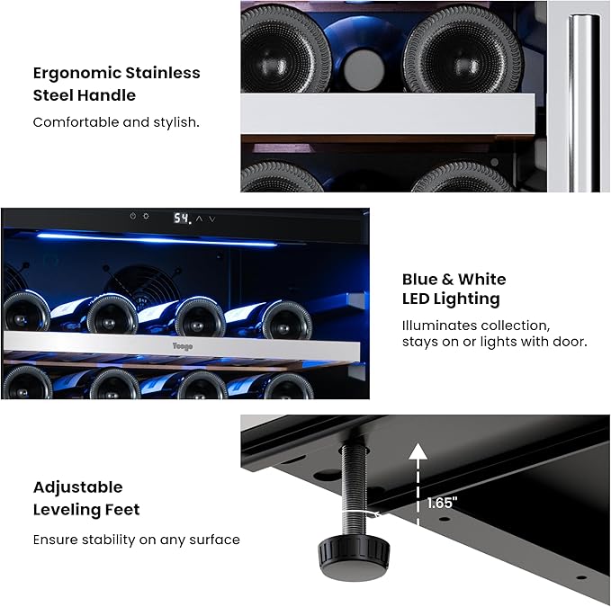 Yeego Wine Fridge – 24 Inch Wine Cooler Refrigerator 40°F-65°F, 304 Stainless Steel Glass Door Lock, Temperature Memory Blue & White LED Built-in Fridge Left-hand Opening with Drawer (89 Bottle)