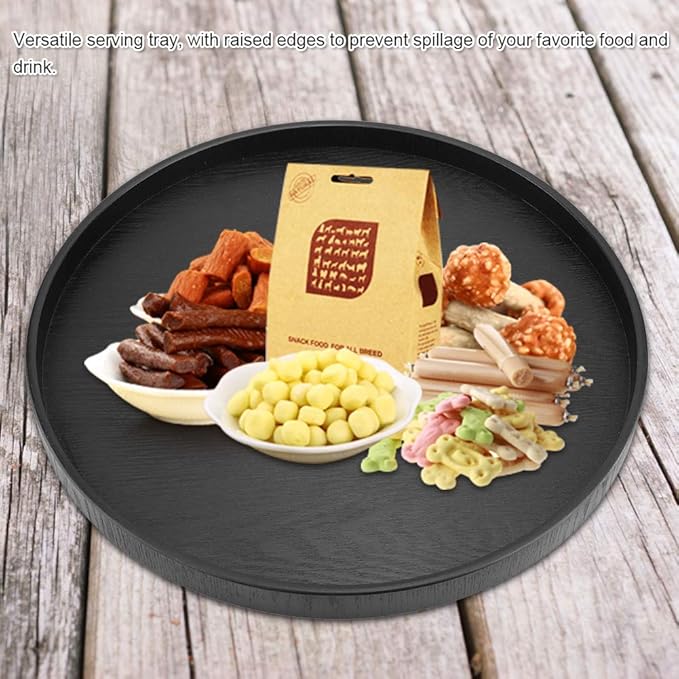 Tbest Black Round Wood Serving Tray, Solid Wood Tea Coffee Snack Food Meals Tray, Restaurant Trays