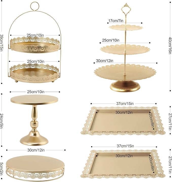 6 Pcs Gold Cake Stands Set, QENUIITEA Cake Display Pedestal Tiered Cupcake Holder Dessert Plate Serving Tower Tray Decorative for Wedding Birthday Party Baby Shower Celebration