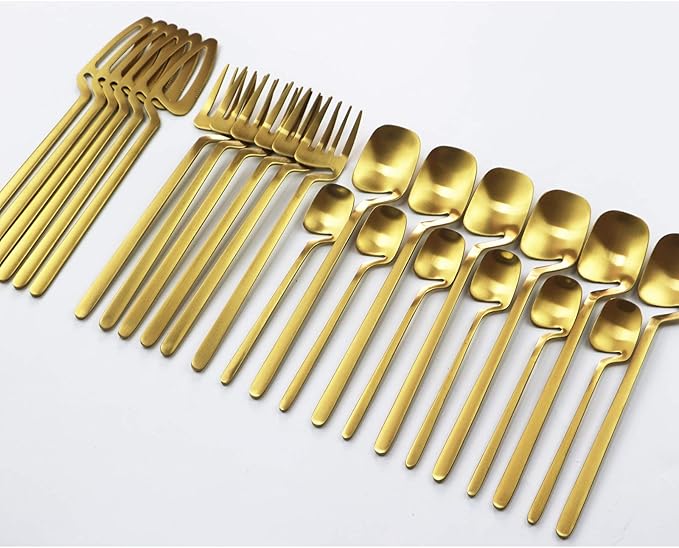 Service for 6 Golden Dinnerware Set 304 Stainless steel Cutlery, Matte Forks Spoons Knives Flatware Set Dinner Silverware Set (24pcs Golden)