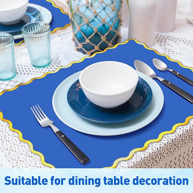 150 Pcs Disposable Paper Placemats Bulk 10"x14" Rectangle Place Mats with Scalloped Edges Dining Table Mat for Wedding Birthday Easter Party Table Decoration(Blue)