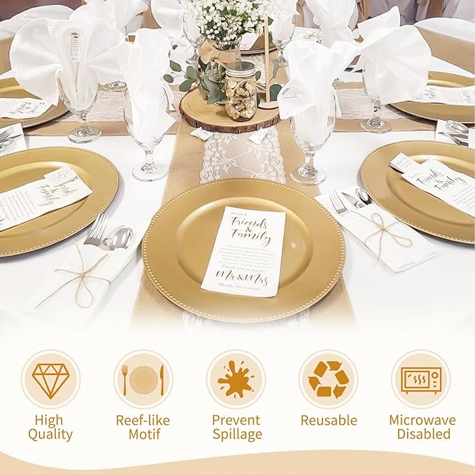 fani 50 Pcs Gold Charger Plates Bulk, 13'' Round Beaded Dinner Charger Plates, Plastic Reusable Vintage Table Decoration for Wedding, Party, Reception, Event, Holiday Supplies