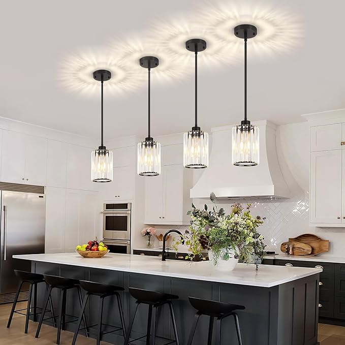 3 Pack Black Pendant Light, Modern Crystal Pendant Lights Kitchen Island Lighting, Hanging Light Fixtures Mini Chandelier Pendant Lights for Island Dining Room Hallway Bedroom