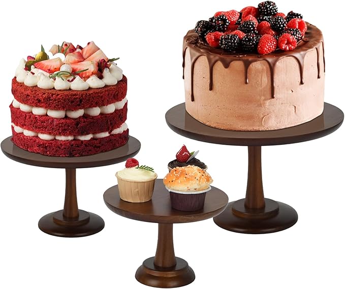 Rustic Cake Stand, 3 Sets Wood Cake Stand Set Wooden Round Cupcake Stand for Wedding Birthday Party Decor Dessert Cookie Serving Tray Pie Plate Holder Farmhouse Style