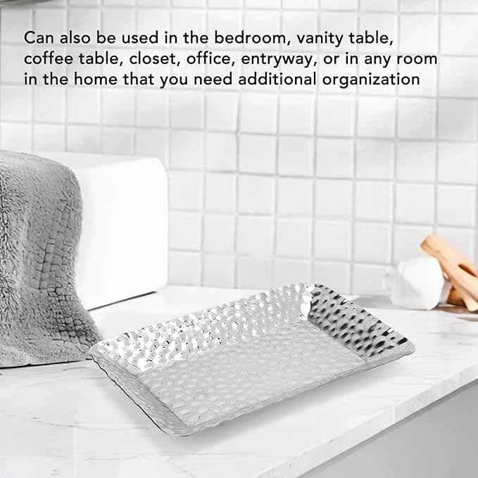 2PCS Rectangular Serving Tray, Stainless Steel Towel Tray Decorative Vanity Plate Hammered Appearance Silver Platter for Kitchen, Bathroom, Bar, Vanity Storage