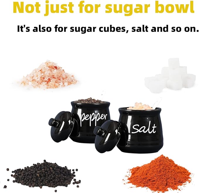 ONTUBE Ceramic Salt and Pepper Bowls with Lid and Spoon 12oz (Black)